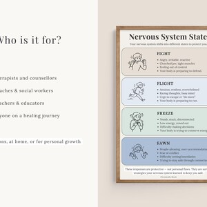 K&ouml;nnte beinhalten: Ein gerahmtes Lehrplakat mit dem Titel Nervous System States, das vier farbcodierte Abschnitte mit den Bezeichnungen Fight, Flight, Freeze und Fawn enth&auml;lt. Jeder Abschnitt enth&auml;lt eine Strichzeichnung und Aufz&auml;hlungspunkte zu Reaktionen.