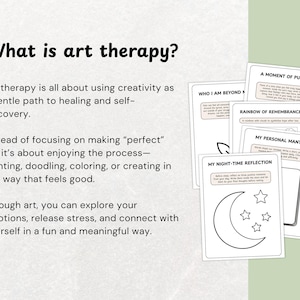 May include: Image of art therapy cards with text and illustrations. The cards include phrases like "A Moment of Pure Joy" and "My Night-Time Reflection." The text explains art therapy as a path to healing.