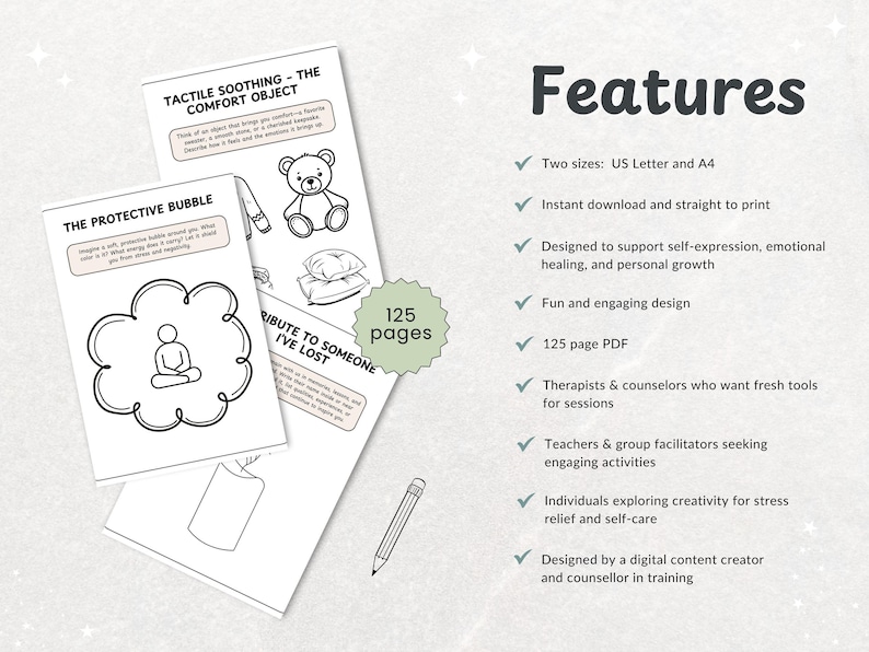 May include: A digital download featuring black and white line art pages with the titles "Tactile Soothing - The Comfort Object" and "The Protective Bubble." The image includes a teddy bear, pillows, and a person meditating. The text says "125 pages."