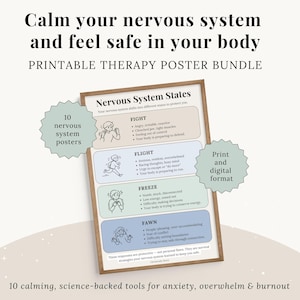 Ensemble de régulation du système nerveux imprimable | Pack d'affiches Théorie polyvagale | fenêtre de tolérance | Réinitialisation du nerf vague | Feuilles de travail sur la thérapie