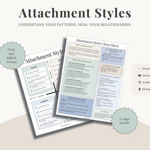 May include: Two-page print and digital guide titled "Attachment Styles" with the text "Understand Your Patterns. Heal Your Relationships." The guide includes a cheat sheet and a chart detailing secure, anxious, avoidant, and disorganized attachment styles.