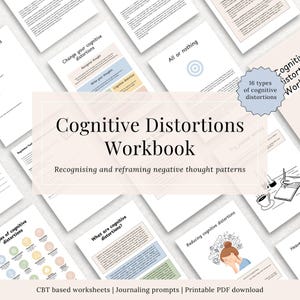 May include: A collection of printable worksheets titled "Cognitive Distortions Workbook." The workbook includes pages with titles such as "Change your cognitive distortions" and "What are cognitive distortions?" The image also includes the text "Recognising and reframing negative thought patterns."