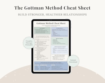 Puede incluir: Una tableta digital muestra "The Gottman Method Cheat Sheet" con principios clave y consejos de relación. El texto "Build Stronger, Healthier Relationships" está arriba. Incluye etiquetas "Couples Therapy Printable" e "Instant Download".