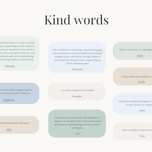 May include: A digital product image with the text "Kind words" at the top. The image features several customer testimonials in pastel-colored speech bubbles, offering positive feedback on a workbook and resources.