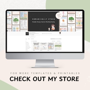 May include: A computer monitor displays a website with the text "CHRONICALLY STUCK Printable Therapy Tools for Mind Body Healing." The website showcases various printable therapy tools. Below the monitor, the text reads "FOR MORE TEMPLATES & PRINTABLES CHECK OUT MY STORE."