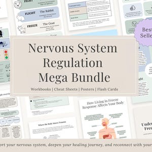 Puede incluir: Un conjunto de materiales educativos titulado "Nervous System Regulation Mega Bundle". El paquete incluye cuadernos de trabajo, hojas de trucos, carteles y tarjetas didácticas. Los materiales presentan diagramas y texto, con una pegatina de "Best Seller".