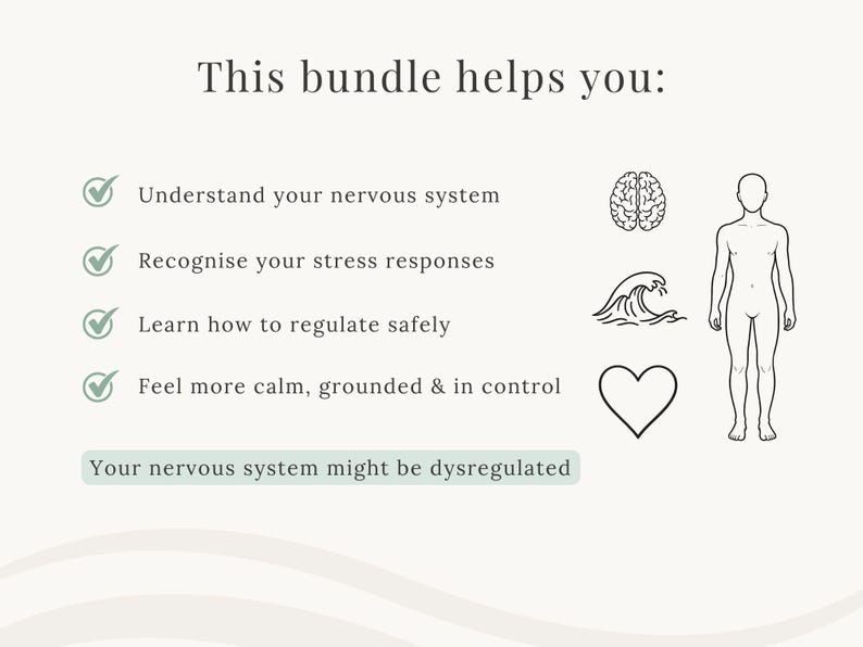 K&ouml;nnte beinhalten: Eine Infografik mit dem Titel This bundle helps you: mit vier Punkten zur Regulierung des Nervensystems, begleitet von Symbolen eines Gehirns, einer Welle, eines Herzens und einer menschlichen Figur sowie dem Text Your nervous system might be dysregulated.