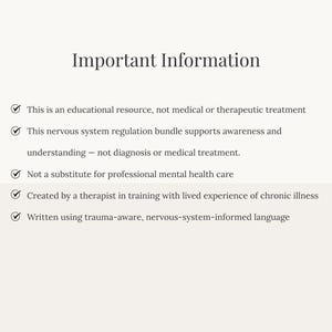 K&ouml;nnte beinhalten: Ein Dokument mit dem Titel Important Information und f&uuml;nf durch H&auml;kchen markierten Aufz&auml;hlungspunkten. Der Text stellt klar, dass diese Bildungsressource keine medizinische Behandlung ist, keinen professionellen Rat ersetzt und trauma-informiert ist.