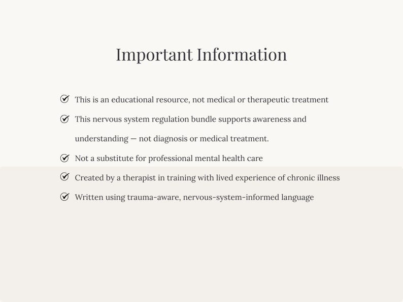 K&ouml;nnte beinhalten: Ein Dokument mit dem Titel Important Information und f&uuml;nf durch H&auml;kchen markierten Aufz&auml;hlungspunkten. Der Text stellt klar, dass diese Bildungsressource keine medizinische Behandlung ist, keinen professionellen Rat ersetzt und trauma-informiert ist.