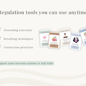 K&ouml;nnte beinhalten: Ein Set aus f&uuml;nf rechteckigen Karten mit der &Uuml;berschrift Regulation tools you can use anytime, illustriert mit einem Gehirn, Blumen, einer atmenden Person und Lebensmitteln. Der Text umfasst Grounding exercises, Breathing techniques und Connection practices.