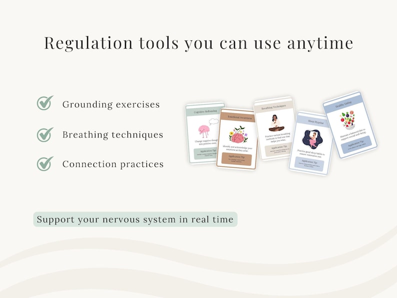 K&ouml;nnte beinhalten: Ein Set aus f&uuml;nf rechteckigen Karten mit der &Uuml;berschrift Regulation tools you can use anytime, illustriert mit einem Gehirn, Blumen, einer atmenden Person und Lebensmitteln. Der Text umfasst Grounding exercises, Breathing techniques und Connection practices.