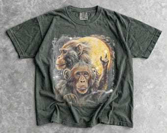 90s Three Monkeys T-Shirt - Unisex Men's and Women's Graphic Tee - Monkey Pointing at Full Moon T-Shirt - Funny Monkey Memes T-Shirt