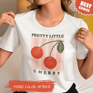 Retro Cherry T-Shirt in Beige Cotton, Vintage Fruit Shirt for Summer, Food Lover Party Gift