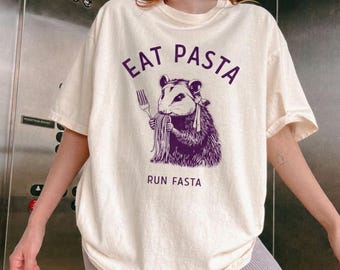 Eat Pasta Run Fasta T-Shirt, Funny Opossum Eating Spaghetti, Trashcore Animal Art, Weird Runner Gift