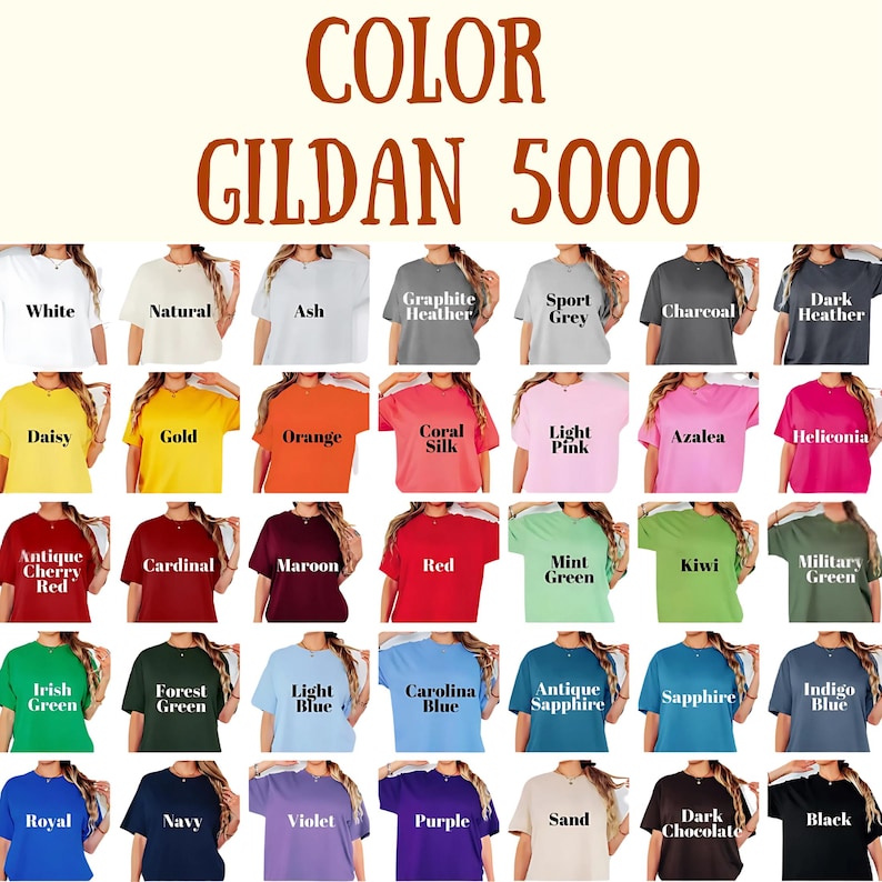 May include: A color chart of Gildan 5000 t-shirts, showcasing a variety of colors including white, black, and various shades of blue, green, and red. The text "COLOR GILDAN 5000" is displayed at the top.