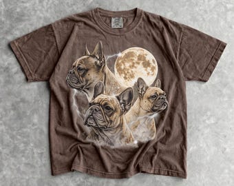 90's Three French Bulldogs T-Shirt, Unisex Men's and Women's Graphic Tee, Bulldog Under the Full Moon, Funny Bulldog Meme Shirt, Weird Shirt