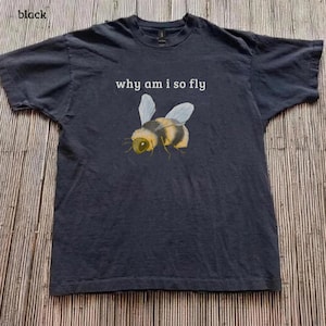 Può includere: T-shirt nera con la scritta "why am i so fly" e una grafica di un'ape. L'ape è gialla, nera e bianca con ali traslucide. La maglietta è di colore grigio scuro.