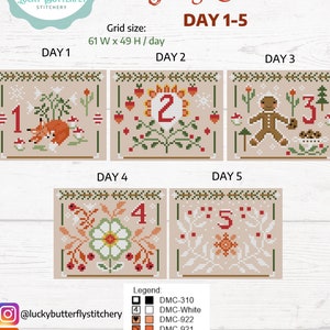 DAY 1-5 - Joyful Christmas Mystery Calendar, cross stitch, primitive, holiday, winter, digital, e-pattern