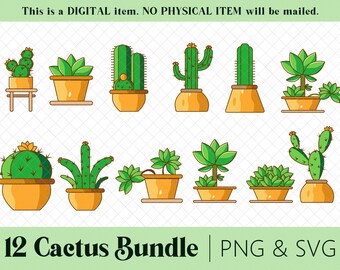 May include: A set of 12 cactus illustrations in a variety of styles, including potted cacti, succulents, and cactus plants with flowers. The illustrations are in a cartoon style and are perfect for use in digital projects.