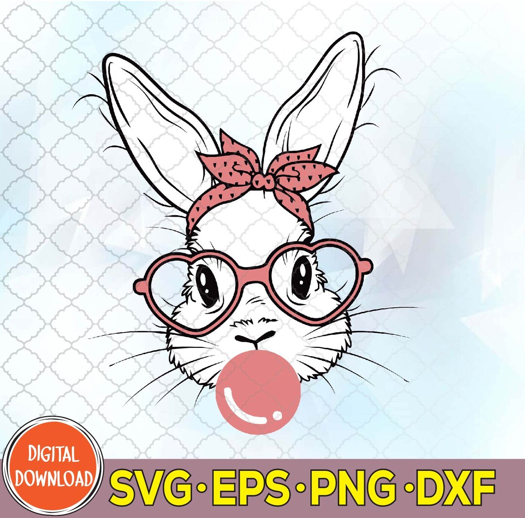 Cute Bunny Rabbit With Bandana Glasses Bubblegum Svg, Bunny Face Svg ...