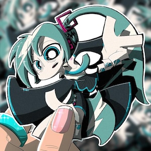 May include: A teal and black anime character sticker with a hand holding it. The character has long teal hair, black eyes, and is wearing a black and white outfit. The sticker is on a white background.