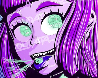 Suivez Alice dans le terrier du lapin Impression d'art | Impression illustrée graphique pop art anime