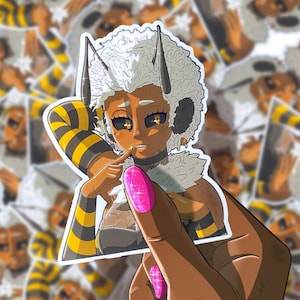 May include: A sticker featuring a cartoon bee with black and yellow stripes, white hair, and a pink nail. The bee is wearing a black and gold outfit and has a mischievous expression.