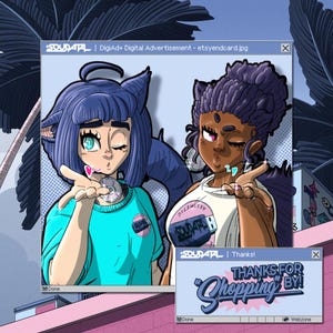 Peut inclure: Deux personnages de dessin anim&eacute;, l'un avec des cheveux bleus et l'autre avec des cheveux violets, sourient et font un clin d'&oelig;il. Ils portent tous les deux des chemises bleues et blanches avec un logo qui dit "SOUDATAL". Le texte "THANKS FOR SHOPPING BY!" est sur une banni&egrave;re rose et bleue.