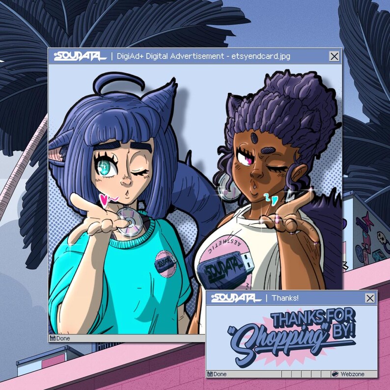 Peut inclure: Deux personnages de dessin anim&eacute;, l'un avec des cheveux bleus et l'autre avec des cheveux violets, sourient et font un clin d'&oelig;il. Ils portent tous les deux des chemises bleues et blanches avec un logo qui dit "SOUDATAL". Le texte "THANKS FOR SHOPPING BY!" est sur une banni&egrave;re rose et bleue.