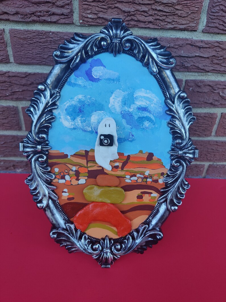 Ghost Visits Goblin Valley 3D Clay Sculpted Acrylic Painting Halloween