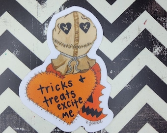 May include: A Halloween-themed sticker featuring a stitched-up character with a heart-shaped face and the text "tricks & treats excite me".