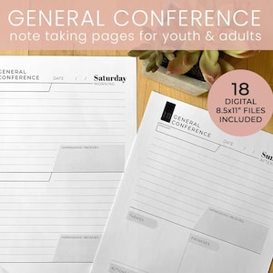 Può includere: Due pagine stampabili per prendere appunti durante una conferenza generale. Le pagine sono intitolate "Conferenza generale" e includono sezioni per l'oratore, la data, le impressioni ricevute, i temi, le promesse e le azioni. Le pagine sono progettate per giovani e adulti. Il testo "18 file digitali 8,5x11" inclusi" è anche visibile.