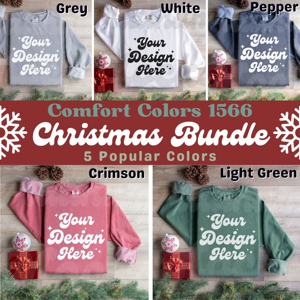 Comfort Colors 1566 Christmas Mockup Bundle || 5 Christmas CC1566 Mockups Flat Lay Folded Sweatshirt Mockups Pepper Grey Crimson Light Green