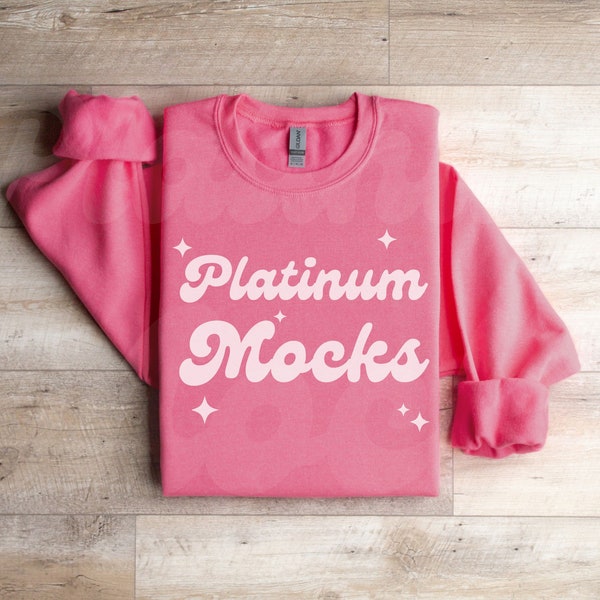 18000 Safety Pink Mockup || Gildan 18000 Mockup Folded Sweatshirt Mockup Wood Background g18000 Mockup Flat Lay g180 Safety Pink Mockup