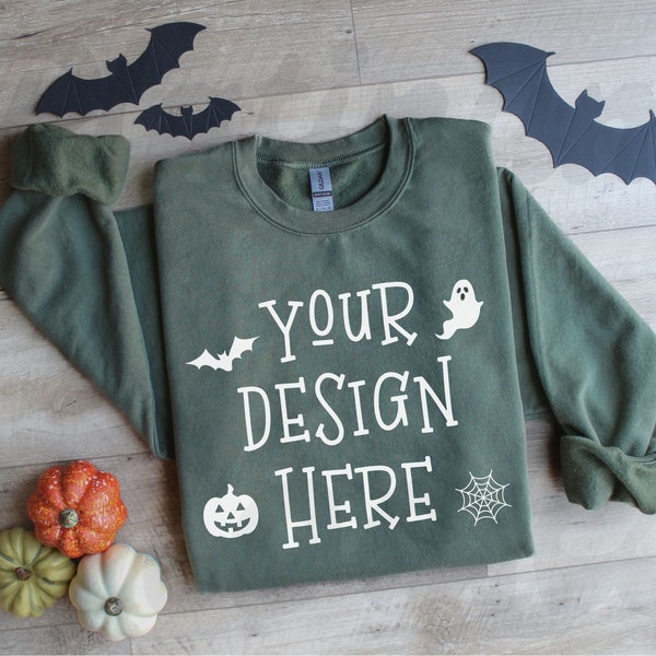 18000 Military Green Mockup || Gildan 18000 Halloween Mockup Military Green Folded Sweatshirt Mockup Wood Flat Lay Mockup g180 Mockup