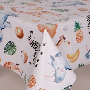 Children Animals Fruits PVC Vinyl Wipe Clean Tablecloth - Wipe Clean Waterproof PVC Vinyl Tablecloth - Indoor and Outdoor Tablecloth