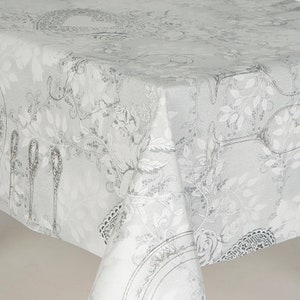 Floral Grey Tea Modern PVC Vinyl Wipe Clean Tablecloth - Wipe Clean Waterproof PVC Vinyl Tablecloth - Indoor and Outdoor Tablecloth