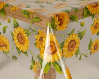 Clear Plastic Yellow Sunflowers PVC Vinyl Wipe Clean Tablecloth - Wipe Clean Waterproof PVC Vinyl Tablecloth - Indoor and Outdoor Tablecloth