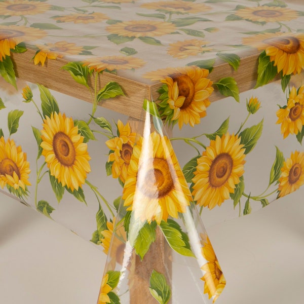 Clear Plastic Yellow Sunflowers PVC Vinyl Wipe Clean Tablecloth - Wipe Clean Waterproof PVC Vinyl Tablecloth - Indoor and Outdoor Tablecloth