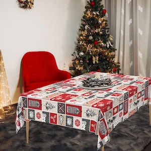 Christmas Patchwork Stags Red PVC Vinyl Wipe Clean Tablecloth - Wipe Clean Waterproof PVC Vinyl Tablecloth - Indoor and Outdoor