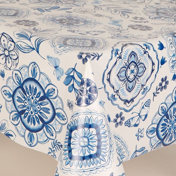 Traditional Floral China Blue PVC Vinyl Wipe Clean Tablecloth - Wipe Clean Waterproof PVC Vinyl Tablecloth - Indoor and Outdoor Tablecloth