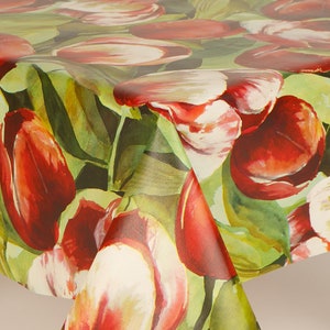 Tulips Red Green Floral PVC Vinyl Wipe Clean Tablecloth - Wipe Clean Waterproof PVC Vinyl Tablecloth - Indoor and Outdoor Tablecloth