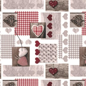 Patchwork Weaved Hearts Red PVC Vinyl Wipe Clean Tablecloth - Wipe Clean Waterproof PVC Vinyl Tablecloth - Indoor and Outdoor Cloth