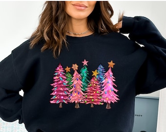 Pink Christmas Tree Sweatshirt: Holiday Crewneck Sweater