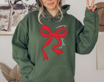 Coquette Christmas Hoodie: Red Bow Merry Christmas Pullover, Preppy Holiday Gift