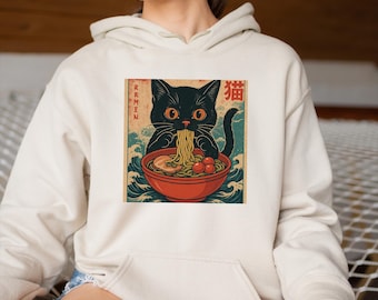 Noodle Cat Hoodie: Funny Anime Ramen Japanese Streetwear