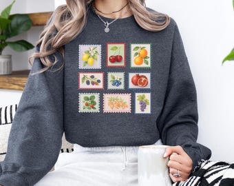 Vintage Fruit Stamp Sweatshirt: Cottagecore Farmer's Market Style