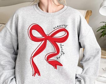Coquette Christmas Sweatshirt: Red Bow Merry Christmas Crewneck, Girly Holiday Gift