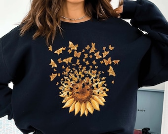 Sunflower Butterfly Graphic Sweatshirt: Trendy Floral Crewneck