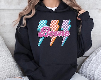 Boone Lightning Bolt Hoodie: Retro 80s Checkered Graphic Pullover, Vintage Boone I Love Design, Funny College Style Hooded Top